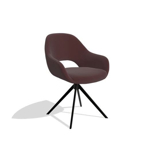 Dining Chair Messina 6510 in Leather B938 (chocolate), black swivel base, angled view