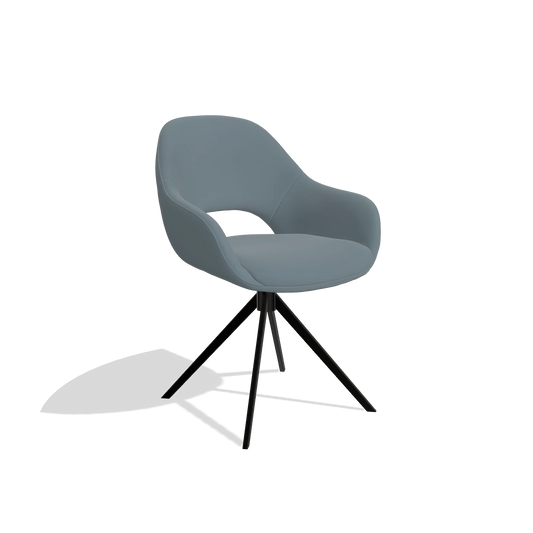 Chaise de salle à manger Messina 6510 en Cuir B963 (gris), pied pivotant en noir, vue de trois-quarts