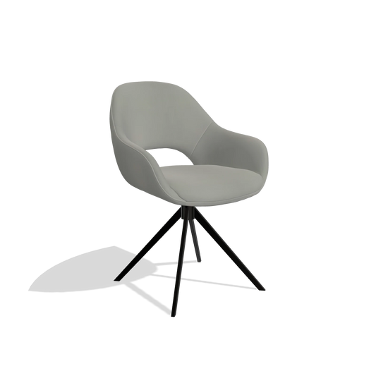 Chaise de salle à manger Messina 6510 en Cuir B967 (grège), pied pivotant en noir, vue de trois-quarts