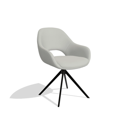 Chaise de salle à manger Messina 6510 en Cuir B970 (gris clair), pied pivotant en noir, vue de trois-quarts