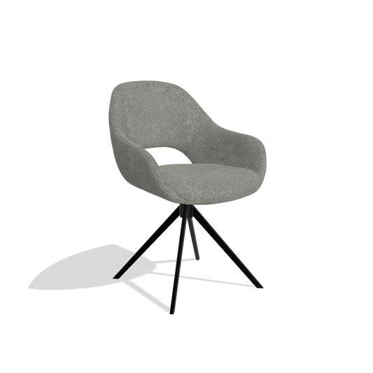 Silla de comedor Messina 6510 en tela San Remo 802 (topo), base giratoria en negro, vista en ángulo