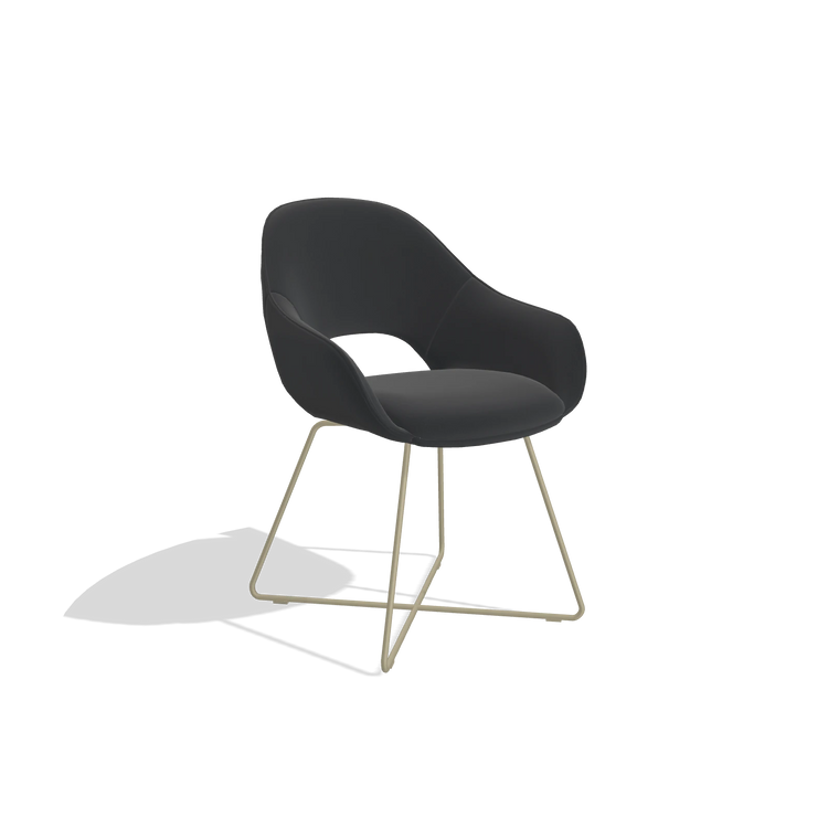 Dining Chair Milan 6516 in Leather B500 (black), champagne legs, angled view