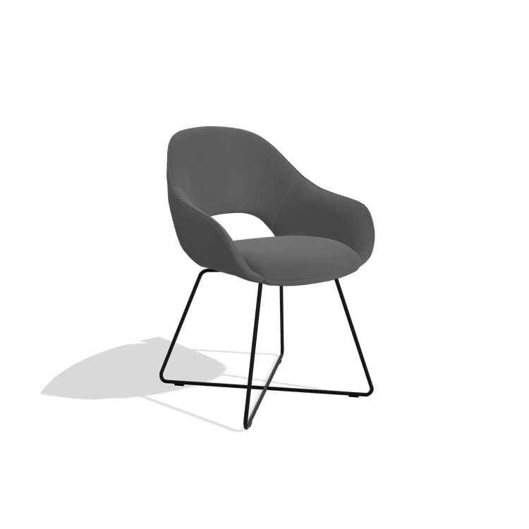 Dining Chair Milan 6516 in Leather B502 (dark grey), black legs, angled view