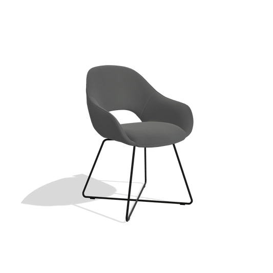 Dining Chair Milan 6516 in Leather B502 (dark grey), black legs, angled view