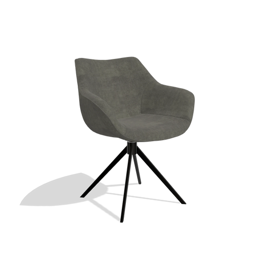 Chaise de salle à manger Padua 6333 en tissu Adore 156 (gris foncé), pied pivotant en noir, vue de trois-quarts