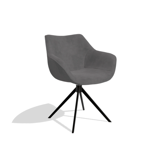 Chaise de salle à manger Padua 6333 en tissu Adore 180 (gris foncé), pied pivotant en noir, vue de trois-quarts