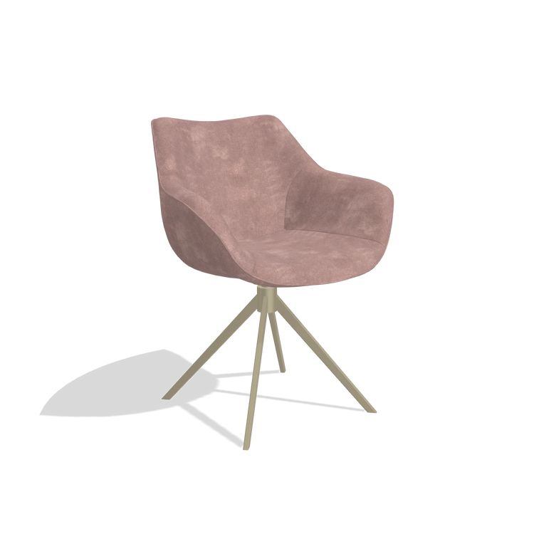 Chaise de salle à manger Padua 6333 en tissu Adore 200 (taupe), pied pivotant en champagne, vue de trois-quarts