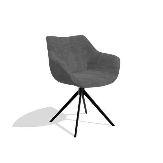 Chaise de salle à manger Padua 6333 en tissu Adore 68 (gris foncé), pied pivotant en noir, vue de trois-quarts