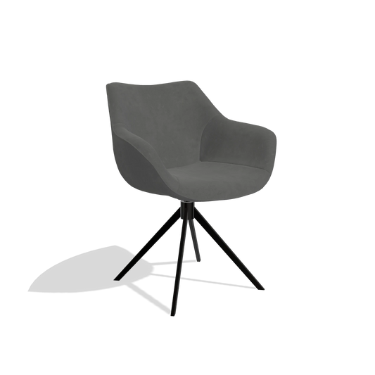 Chaise de salle à manger Padua 6333 en tissu Bull 67 (gris foncé), pied pivotant en noir, vue de trois-quarts