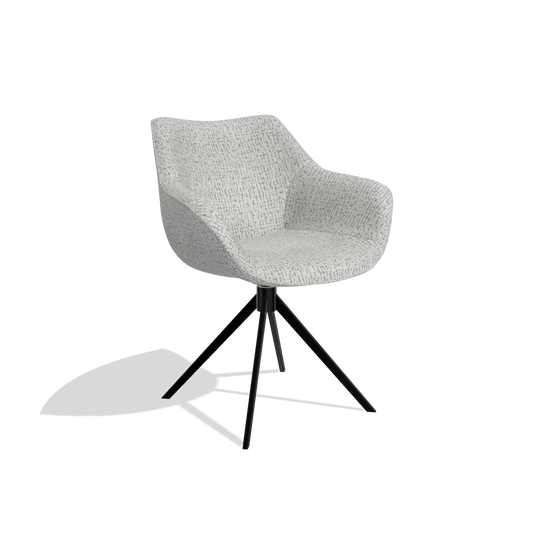 Chaise de salle à manger Padua 6333 en tissu Horta 106 (gris clair), pied pivotant en noir, vue de trois-quarts