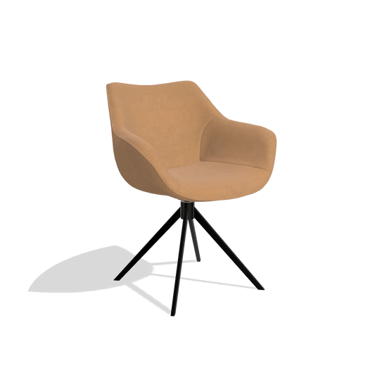 Silla de comedor Padua 6333 en Piel B401 (mostaza), base giratoria en negro, vista en ángulo