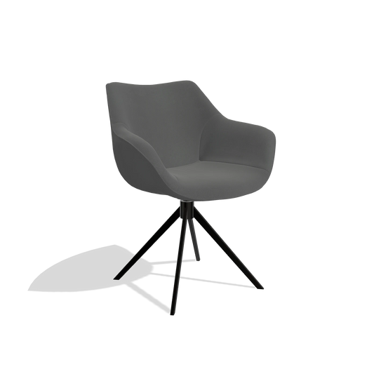 Silla de comedor Padua 6333 en Piel B502 (gris oscuro), base giratoria en negro, vista en ángulo