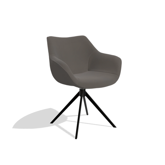 Silla de comedor Padua 6333 en Piel B918 (gris oscuro), base giratoria en negro, vista en ángulo