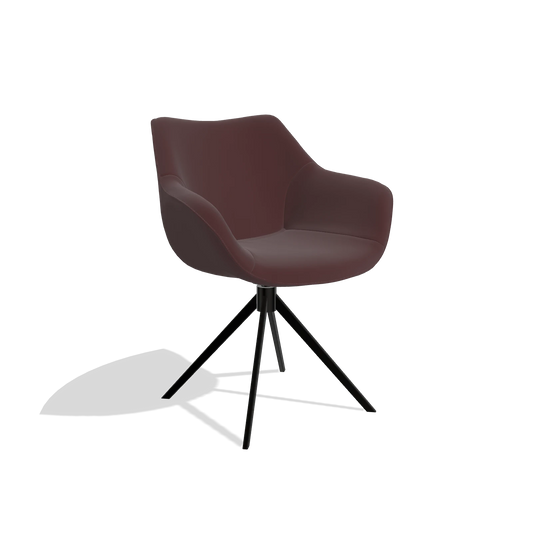 Silla de comedor Padua 6333 en Piel B938 (chocolate), base giratoria en negro, vista en ángulo