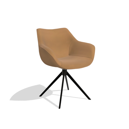 Silla de comedor Padua 6333 en Piel B947 (caramelo), base giratoria en negro, vista en ángulo