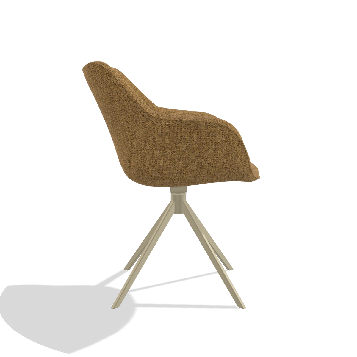 Silla de comedor Padua 6333 en tela Mito 06 (coñac), base giratoria en champán, vista lateral