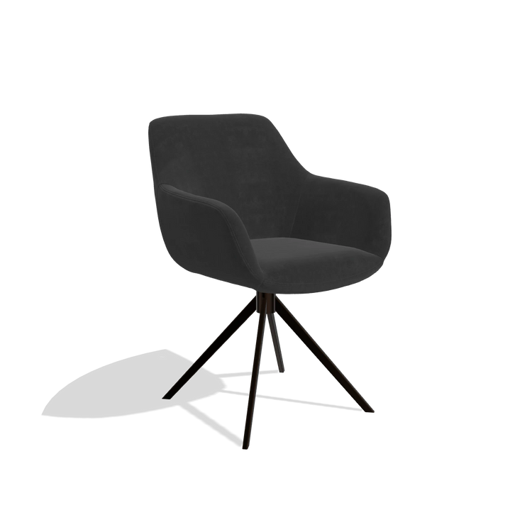 Silla de comedor Pavia 6687 en tela Adore 67 (negro), base giratoria en espresso, vista en ángulo
