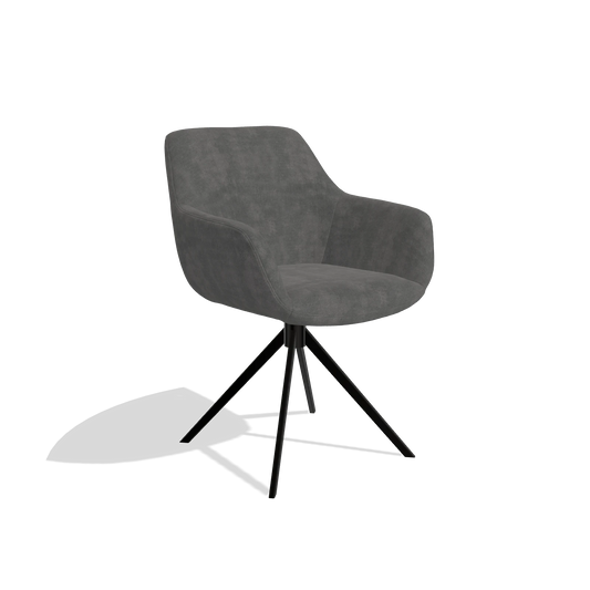 Chaise de salle à manger Pavia 6687 en tissu Adore 68 (gris foncé), pied pivotant en noir, vue de trois-quarts