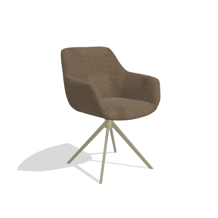 Dining Chair Pavia 6687 in Bull 15 fabric (brown), champagne swivel base, angled view