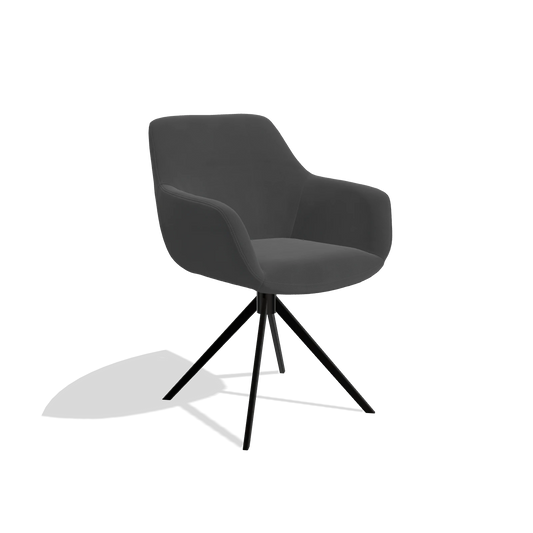 Silla de comedor Pavia 6687 en Piel B905 (antracita), base giratoria en negro, vista en ángulo