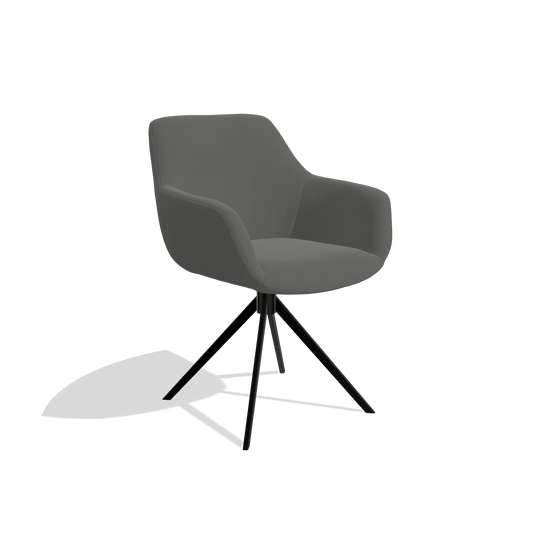 Silla de comedor Pavia 6687 en Piel B945 (gris oscuro), base giratoria en negro, vista en ángulo