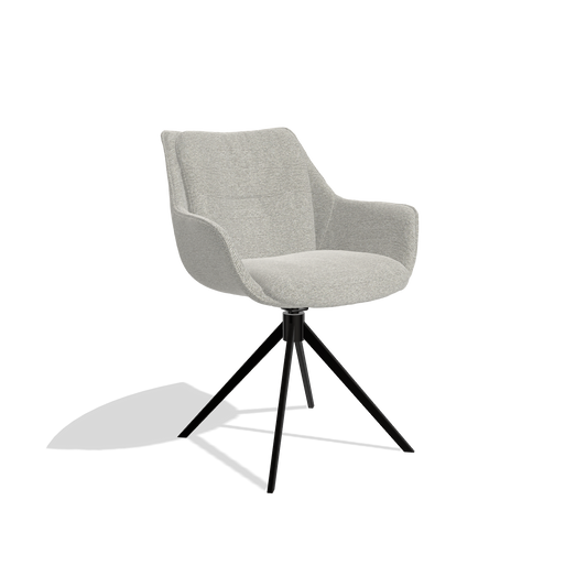 Sandrine 6598 dining chair in Sneak 01 Natural fabric with black swivel base, angled view