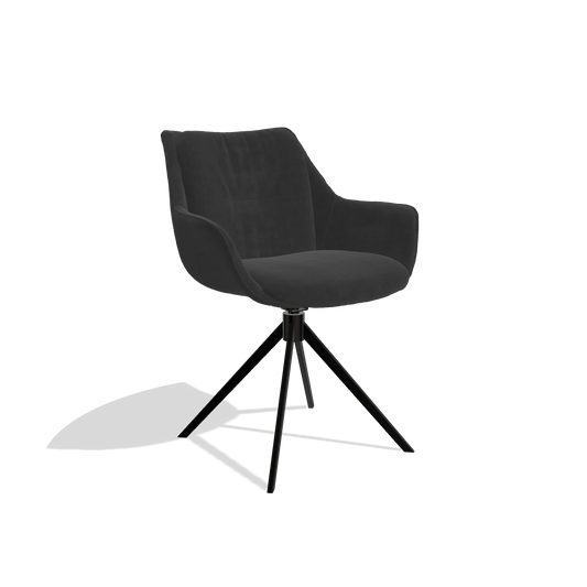 Dining Chair Sandrine 6598 in Adore 67 fabric (black), black swivel base, angled view