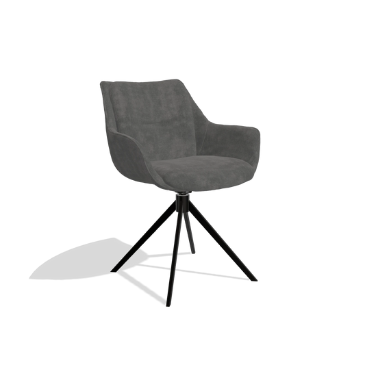 Dining Chair Sandrine 6598 in Adore 68 fabric (dark grey), black swivel base, angled view