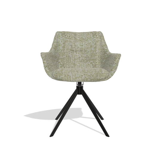 Chaise de salle à manger Sandrine 6598 en tissu Be Fine 429 (vert sauge), pied pivotant en noir, vue de face