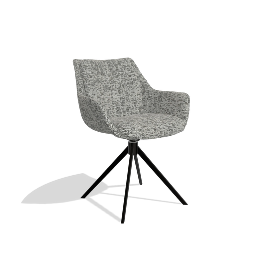 Chaise de salle à manger Sandrine 6598 en tissu Be Fine 45 (taupe), pied pivotant en noir, vue de trois-quarts