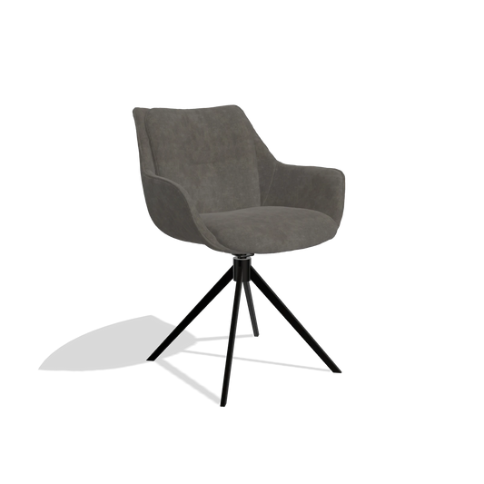 Dining Chair Sandrine 6598 in Bull 18 fabric (dark grey), black swivel base, angled view