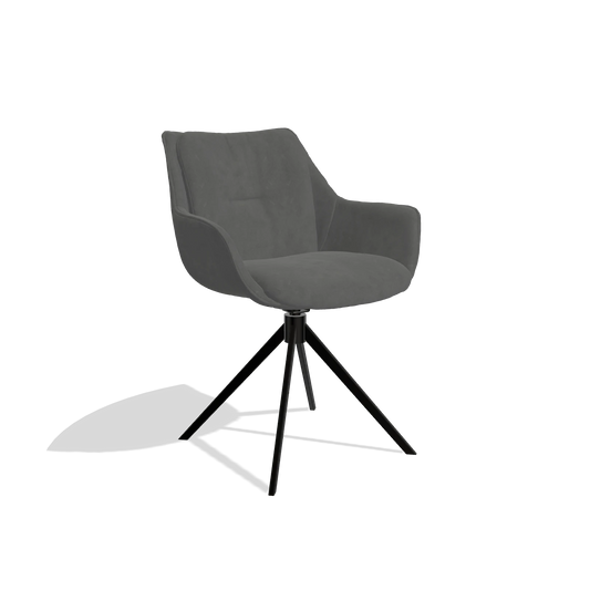 Chaise de salle à manger Sandrine 6598 en tissu Bull 67 (gris foncé), pied pivotant en noir, vue de trois-quarts