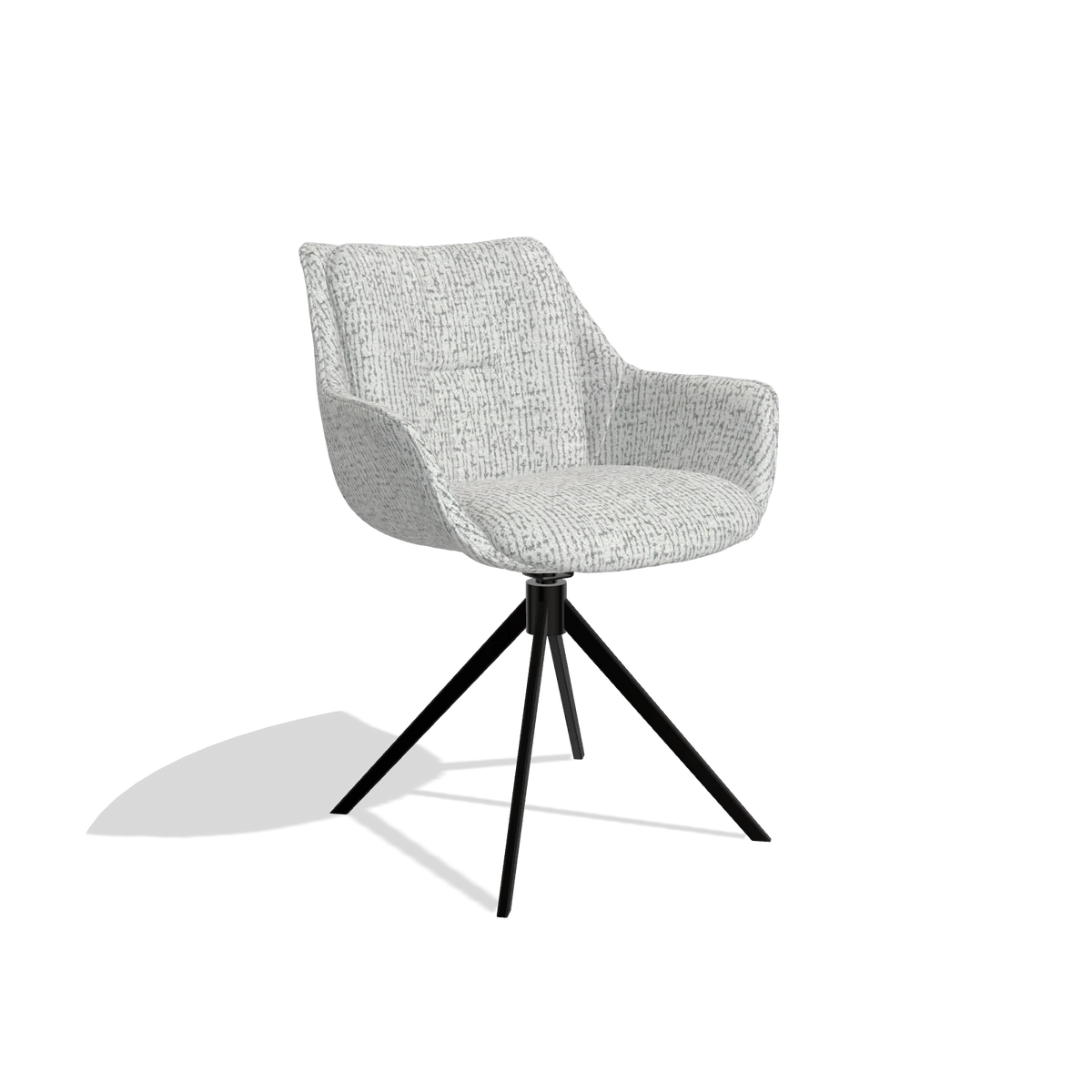 Dining Chair Sandrine 6598 in Horta 101 fabric (light grey), black swivel base, angled view