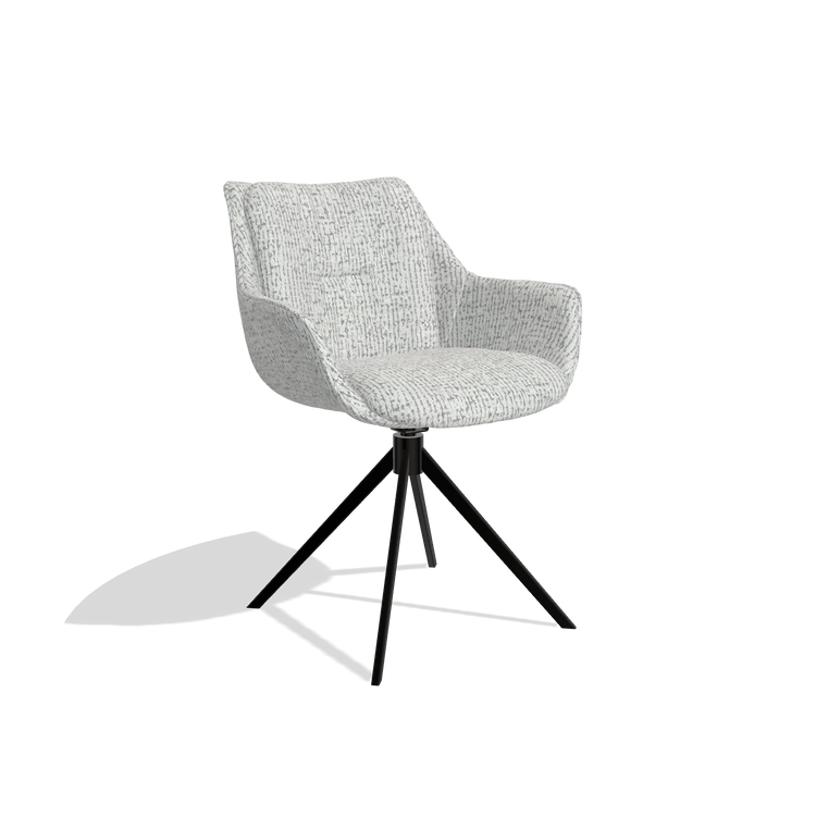 Dining Chair Sandrine 6598 in Horta 101 fabric (light grey), black swivel base, angled view