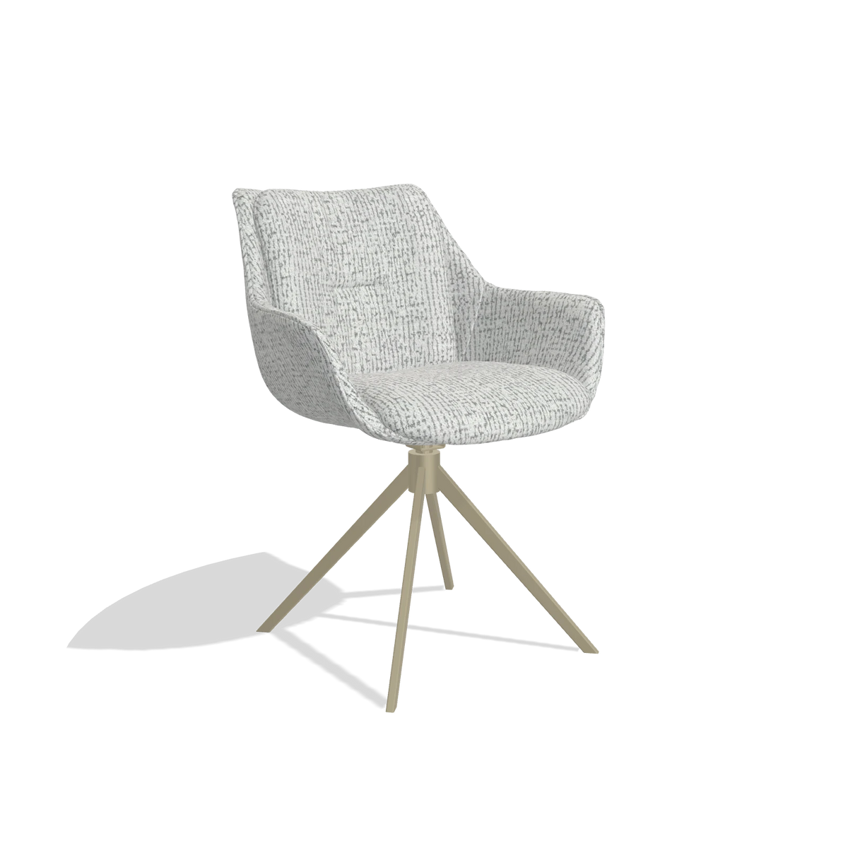 Dining Chair Sandrine 6598 in Horta 101 fabric (light grey), champagne swivel base, angled view
