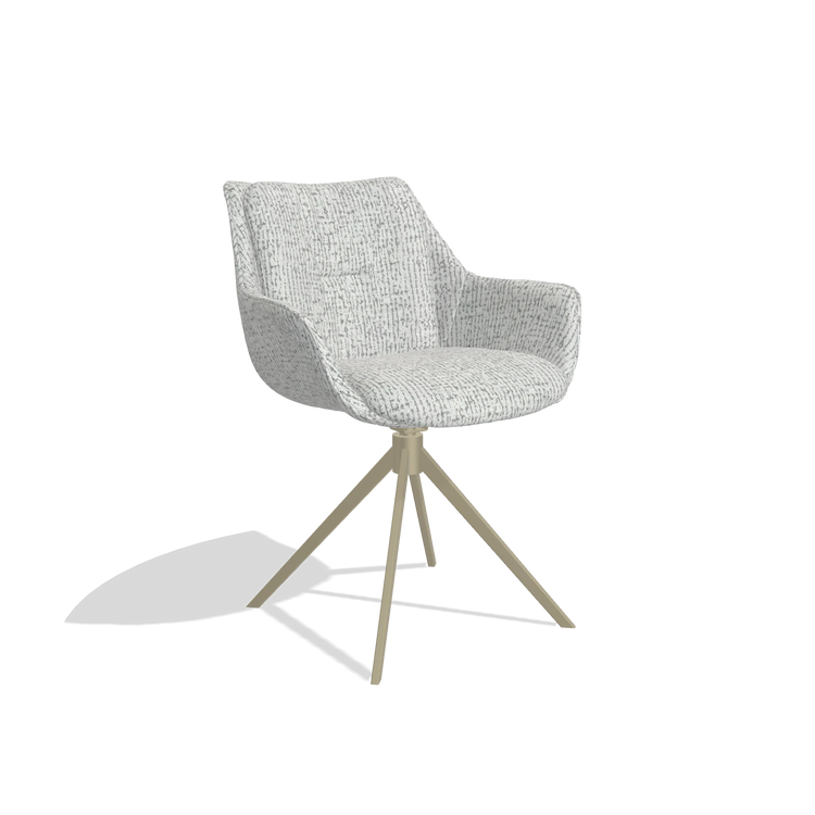 Dining Chair Sandrine 6598 in Horta 101 fabric (light grey), champagne swivel base, angled view