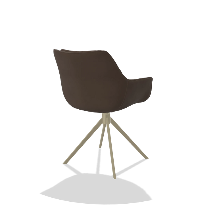 Silla de comedor Sandrine 6598 en Piel A825 (marrón), base giratoria en champán, vista trasera en ángulo