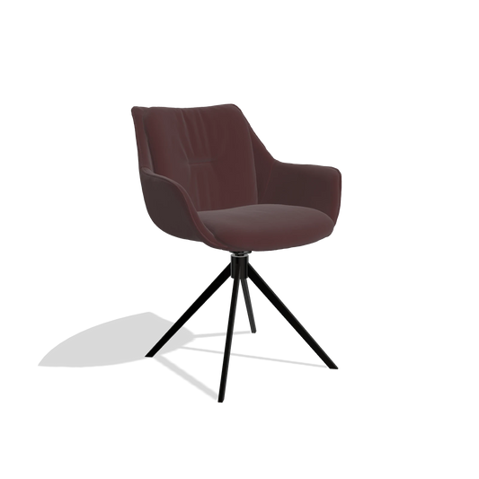 Silla de comedor Sandrine 6598 en Piel B938 (chocolate), base giratoria en negro, vista en ángulo