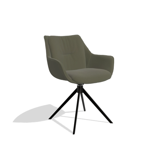Silla de comedor Sandrine 6598 en Piel B962 (gris oscuro), base giratoria en negro, vista en ángulo