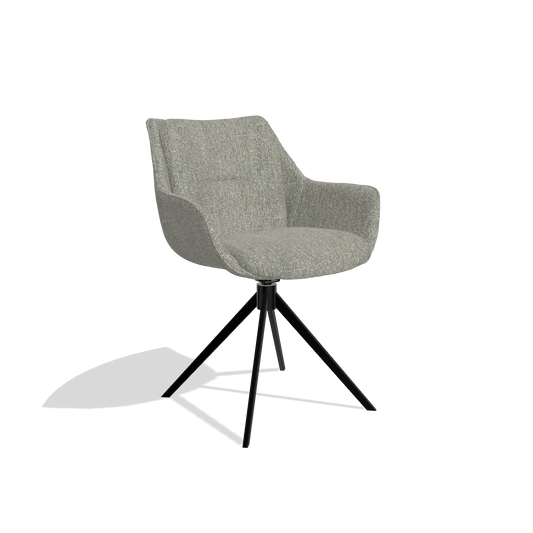 Chaise de salle à manger Sandrine 6598 en tissu Lodge 84 (taupe), pied pivotant en noir, vue de trois-quarts