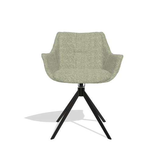 Chaise de salle à manger Sandrine 6598 en tissu Mito 55 (vert sauge), pied pivotant en noir, vue de face