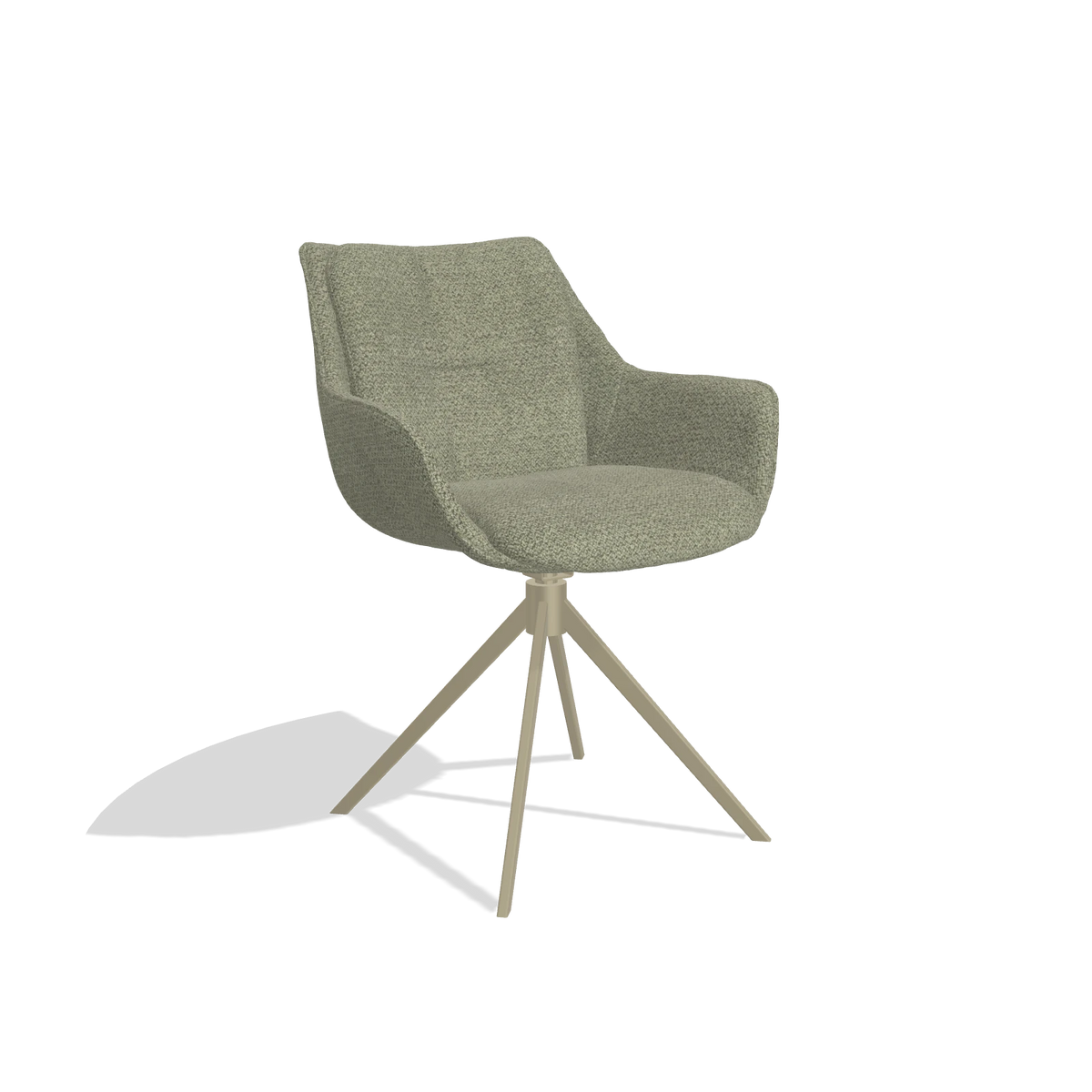 Silla de comedor Sandrine 6598 en tela Rhythm 206 (topo), base giratoria en champán, vista en ángulo