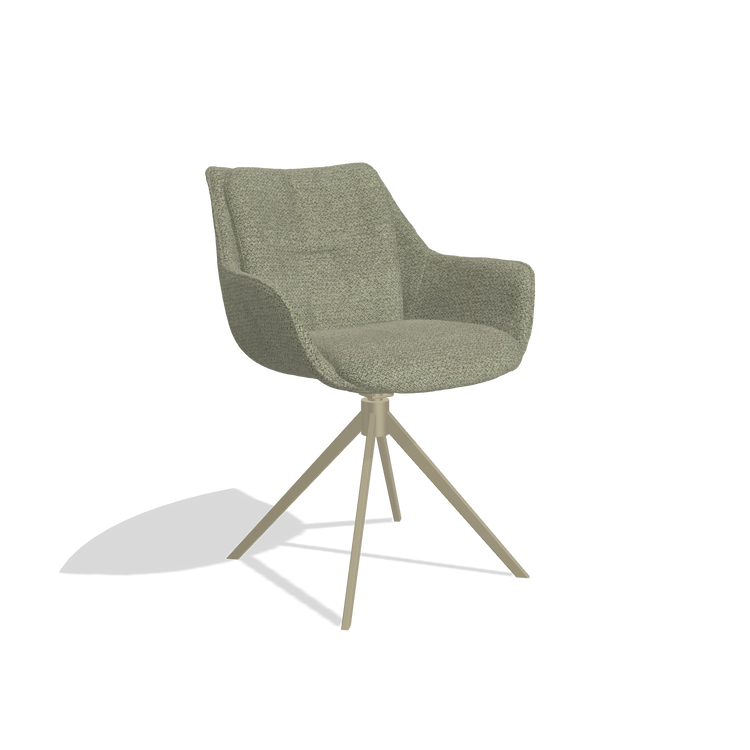 Silla de comedor Sandrine 6598 en tela Rhythm 206 (topo), base giratoria en champán, vista en ángulo