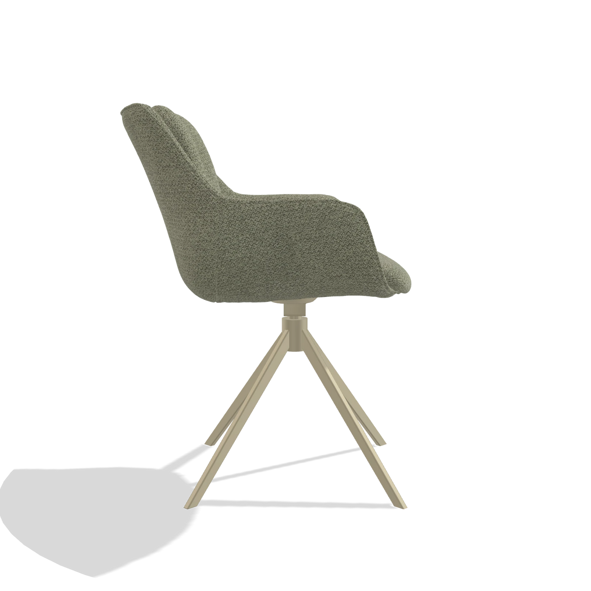 Silla de comedor Sandrine 6598 en tela Rhythm 206 (topo), base giratoria en champán, vista lateral