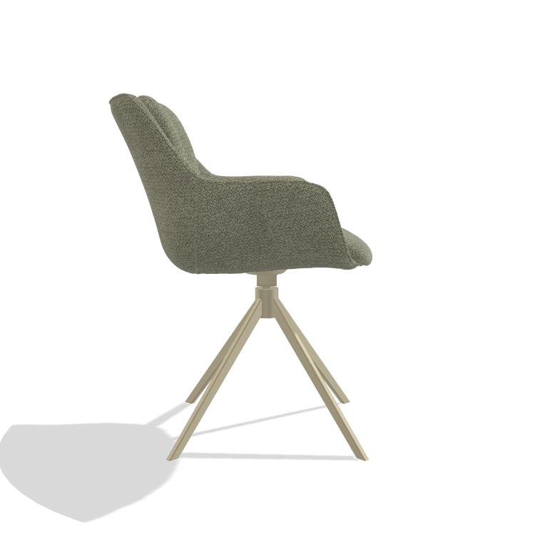 Silla de comedor Sandrine 6598 en tela Rhythm 206 (topo), base giratoria en champán, vista lateral