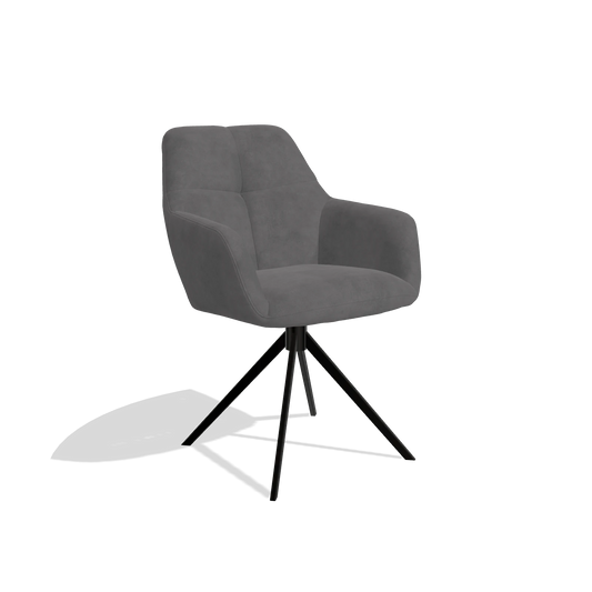 Chaise de salle à manger Terano 6565 en tissu Adore 180 (gris foncé), pied pivotant en noir, vue de trois-quarts