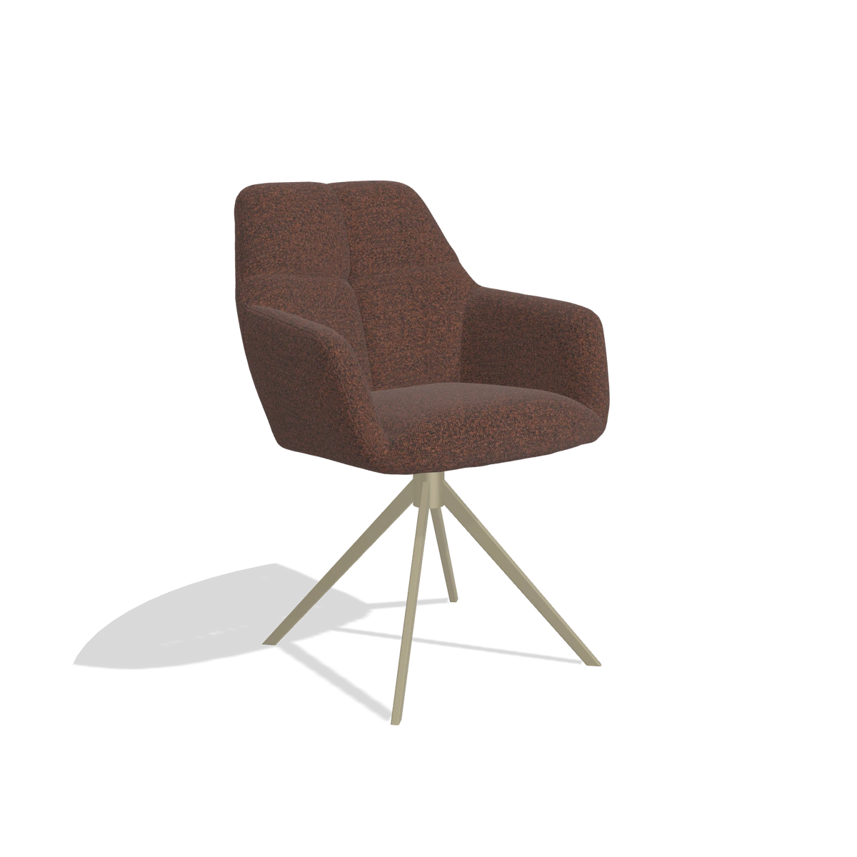 Sedia da pranzo Terano 6565 in tessuto Ascot Brick (cioccolato), base girevole in champagne, vista angolata