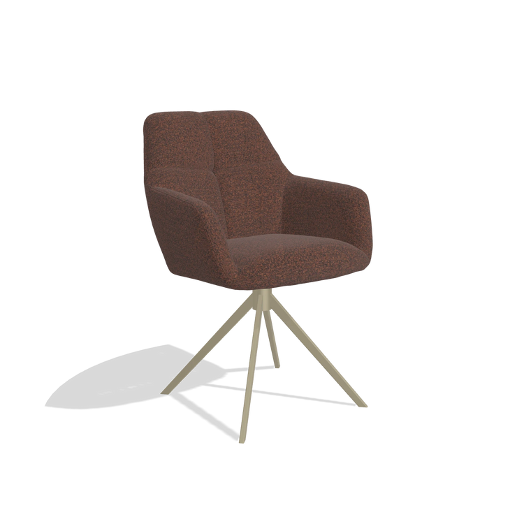 Sedia da pranzo Terano 6565 in tessuto Ascot Brick (cioccolato), base girevole in champagne, vista angolata
