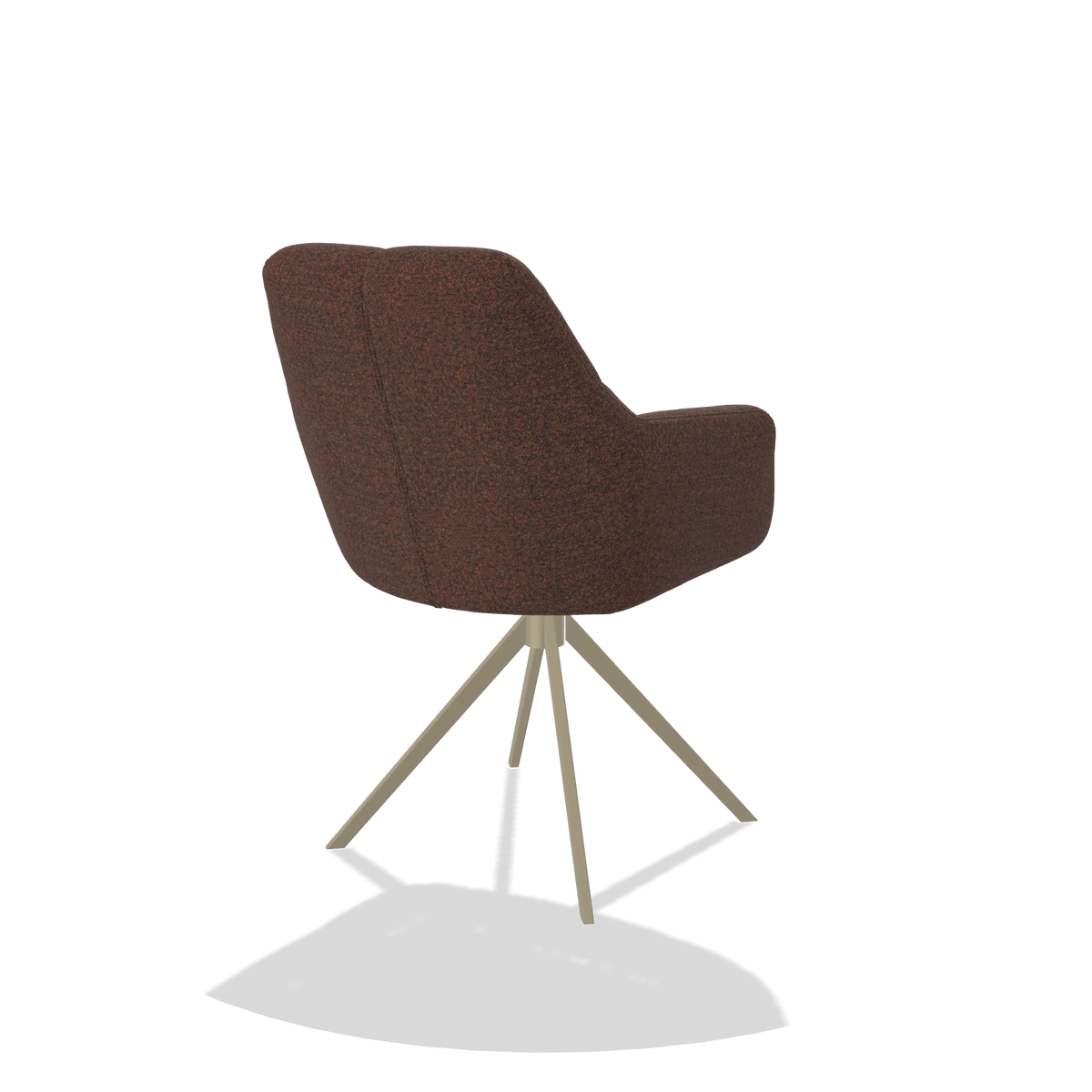 Sedia da pranzo Terano 6565 in tessuto Ascot Brick (cioccolato), base girevole in champagne, vista posteriore angolata