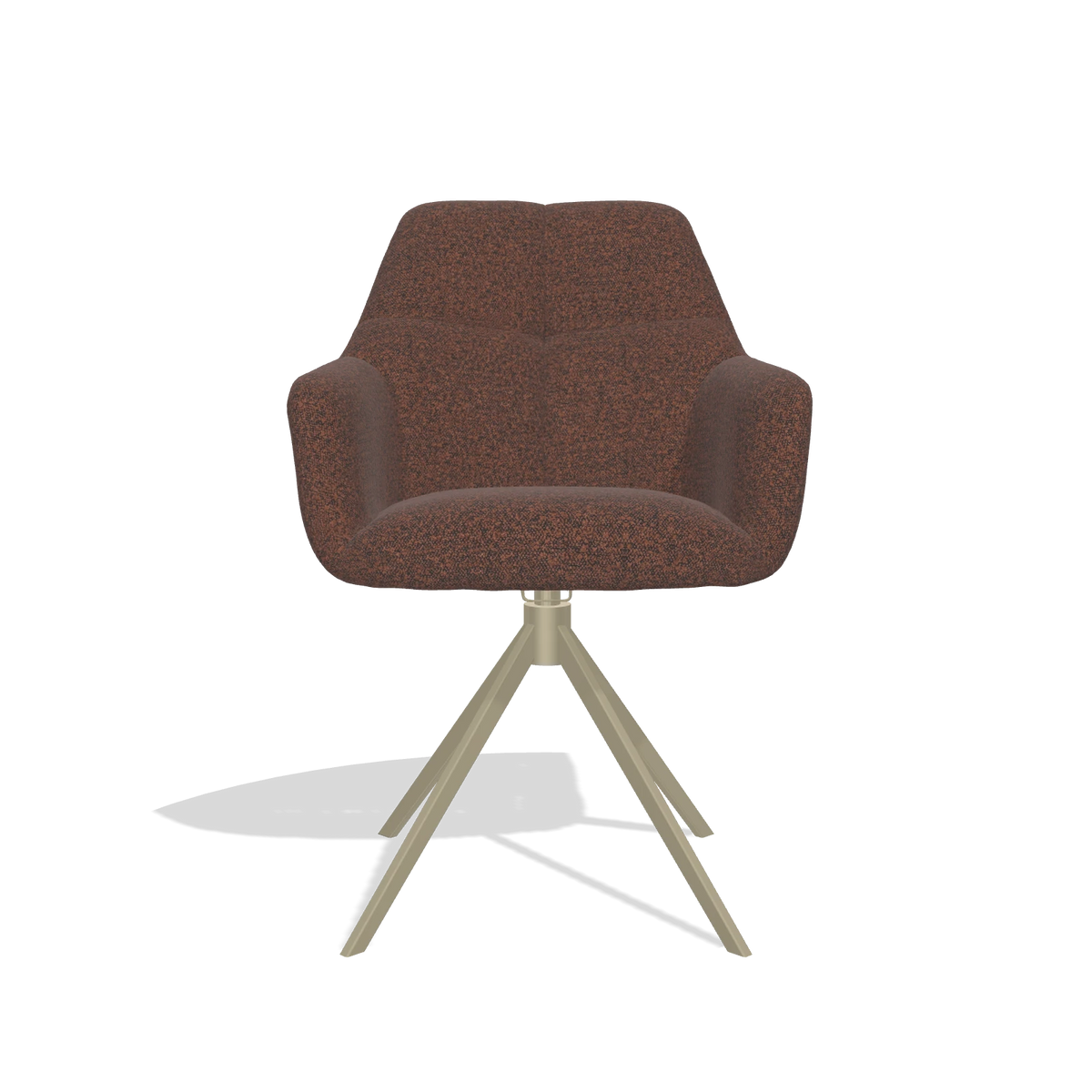 Sedia da pranzo Terano 6565 in tessuto Ascot Brick (cioccolato), base girevole in champagne, vista frontale